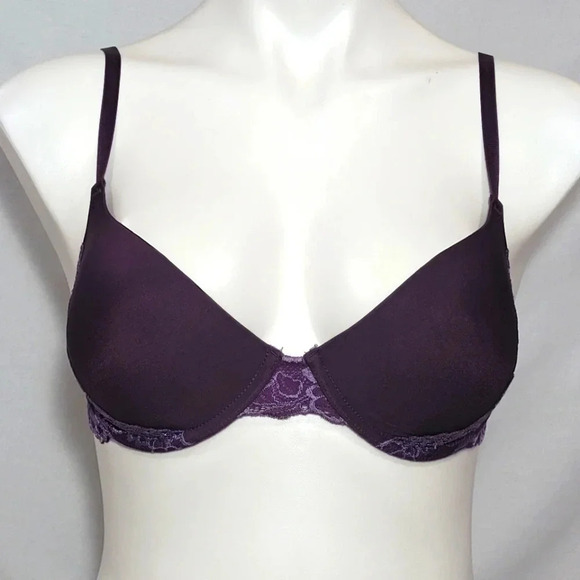 34C Gilligan O'Malley Lace Trimmed Push Up Underwire Bra Plum Gently Pre-owned - Picture 1 of 6
